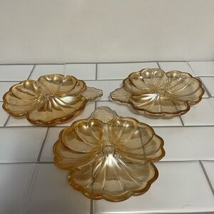 𝅺VINTAGE Opalescent Amber/Marigold Carnival Glass Clover Candy Dish set of 4